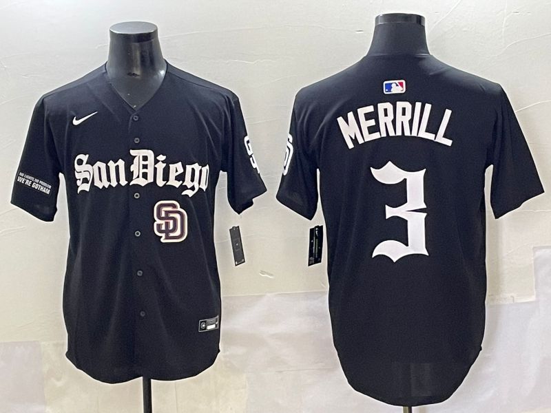 Men 2025 San Diego Padres #3 Merrill Black Five generations Joint Name Nike MLB Jersey style 18